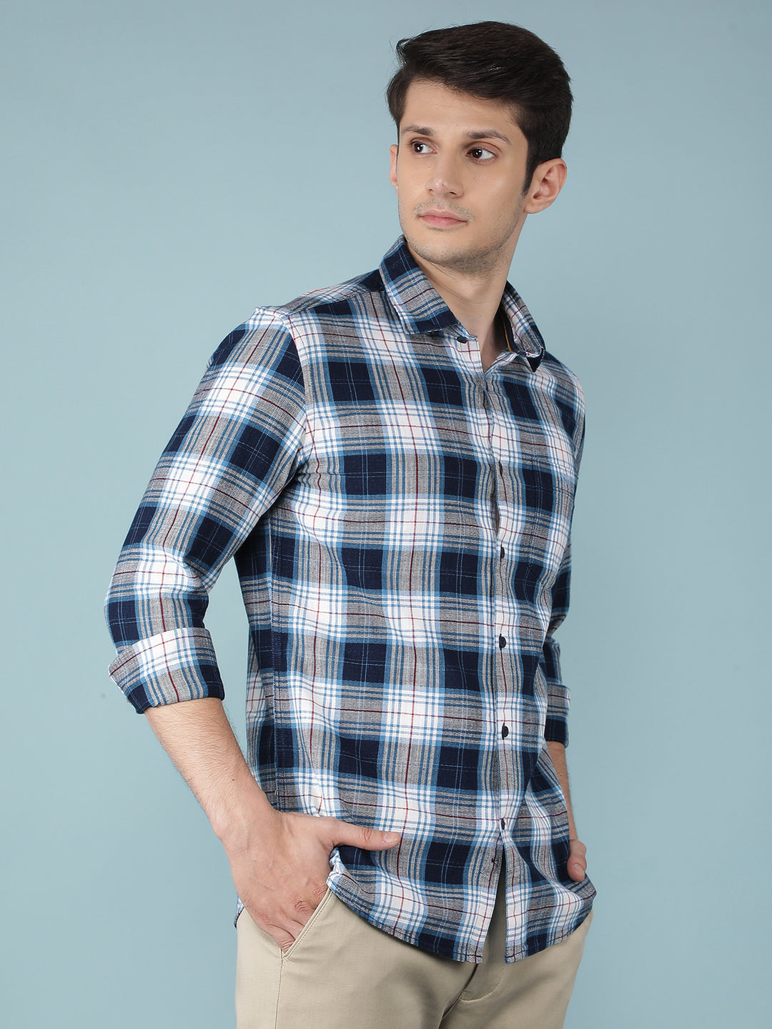 Blue Checkered 100% Cotton Shirt-Men Shirts-Crimsoune Club