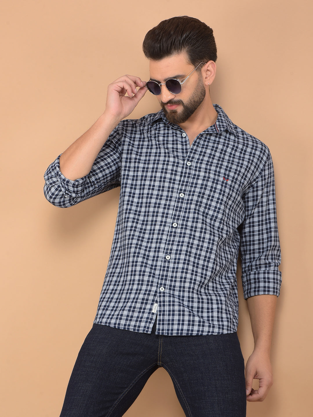 Navy Blue Checked 100% Cotton Shirt-Men Shirts-Crimsoune Club