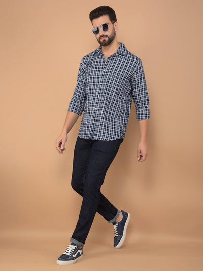 Navy Blue Checked 100% Cotton Shirt-Men Shirts-Crimsoune Club