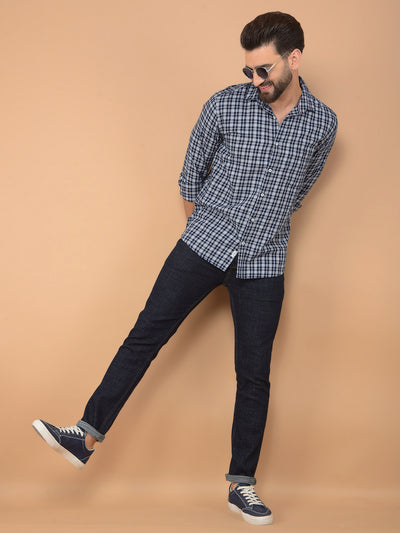 Navy Blue Checked 100% Cotton Shirt-Men Shirts-Crimsoune Club