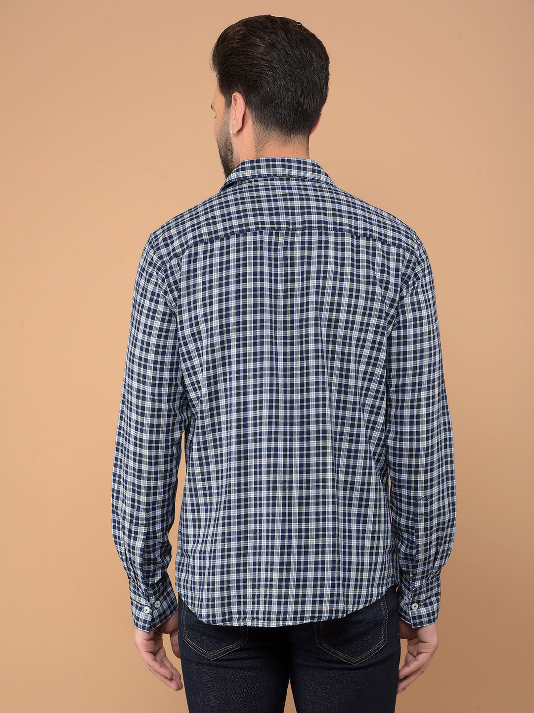 Navy Blue Checked 100% Cotton Shirt-Men Shirts-Crimsoune Club