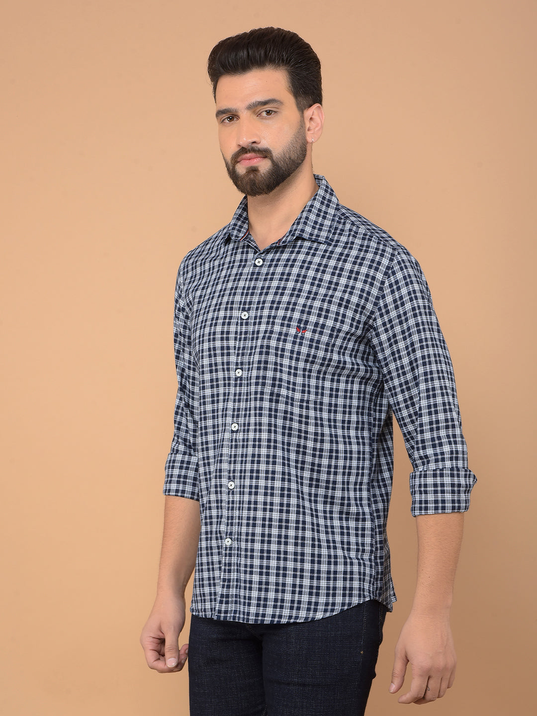 Navy Blue Checked 100% Cotton Shirt-Men Shirts-Crimsoune Club