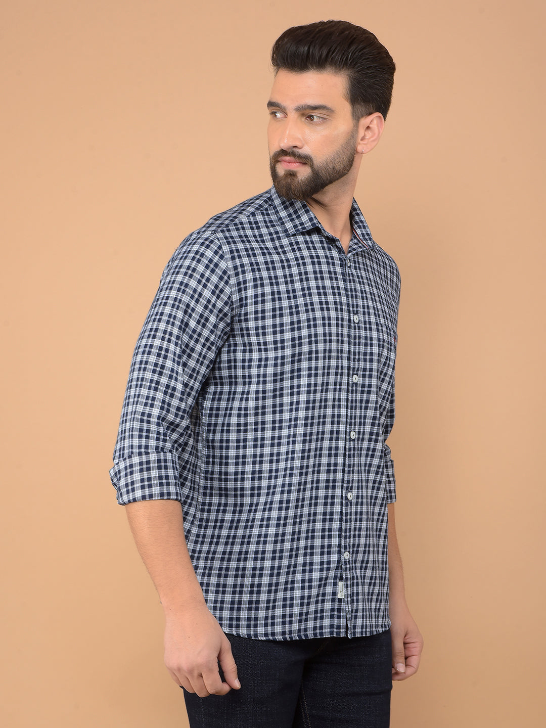 Navy Blue Checked 100% Cotton Shirt-Men Shirts-Crimsoune Club