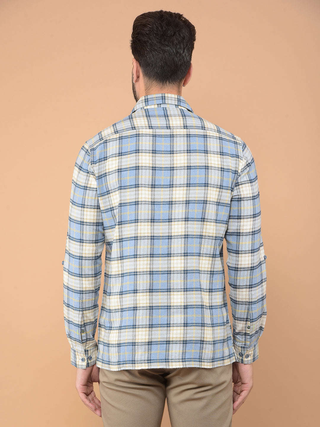 Blue Checked 100% Cotton Knitted Double Pocket Shirt-Men Shirts-Crimsoune Club