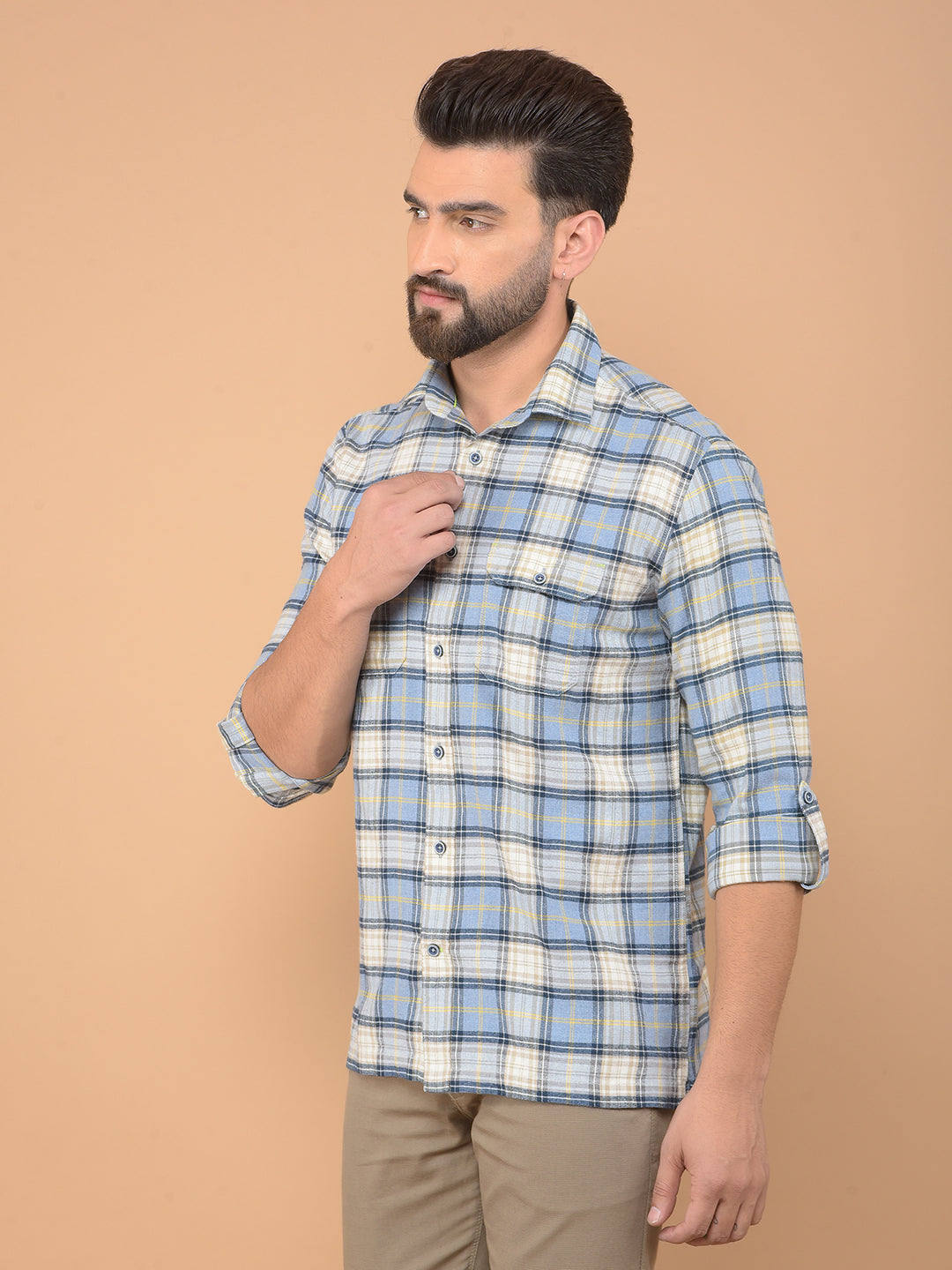 Blue Checked 100% Cotton Knitted Double Pocket Shirt-Men Shirts-Crimsoune Club