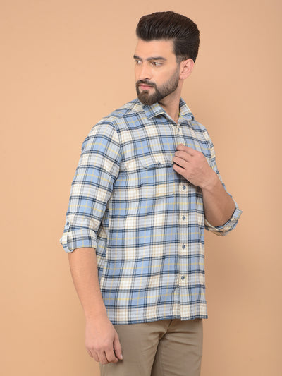 Blue Checked 100% Cotton Knitted Double Pocket Shirt-Men Shirts-Crimsoune Club