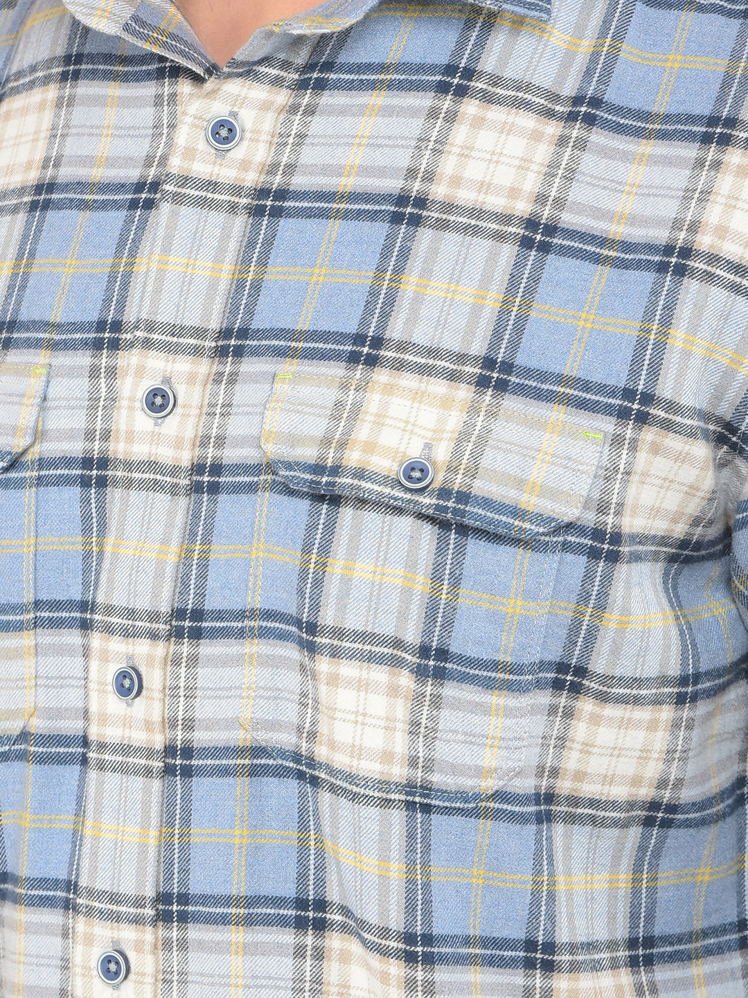 Blue Checked 100% Cotton Knitted Double Pocket Shirt-Men Shirts-Crimsoune Club