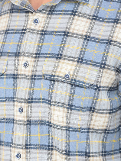 Blue Checked 100% Cotton Knitted Double Pocket Shirt-Men Shirts-Crimsoune Club