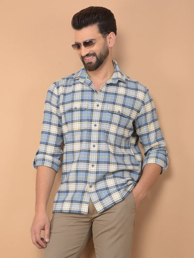 Blue Checked 100% Cotton Knitted Double Pocket Shirt-Men Shirts-Crimsoune Club