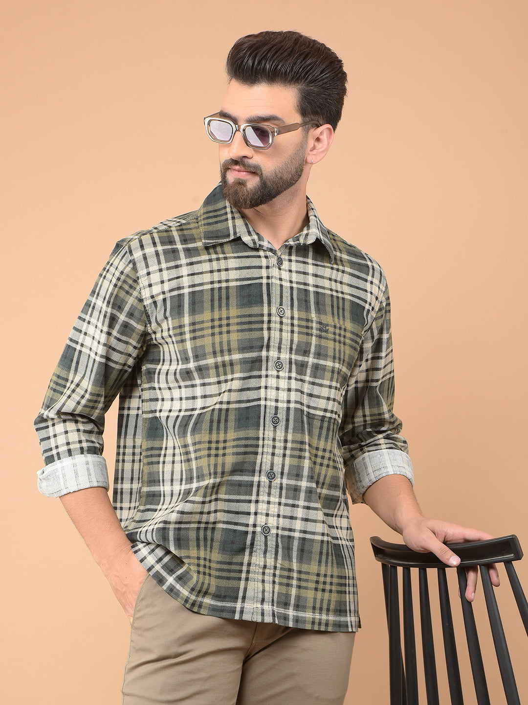 Dark Green Checked 100% Cotton Shirt-Men Shirts-Crimsoune Club