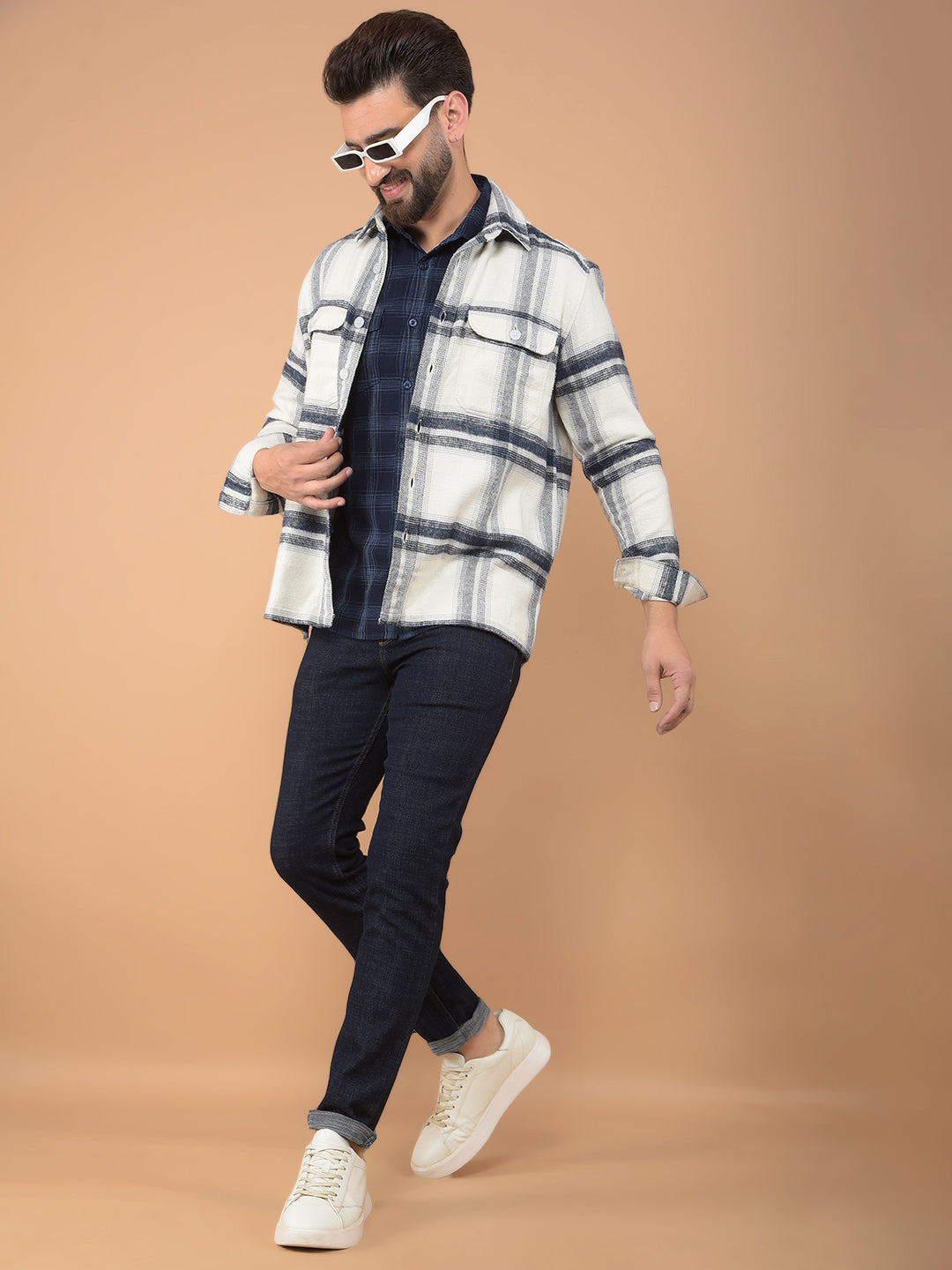 White Checked Knitted Double Pocket Shirt-Men Shirts-Crimsoune Club