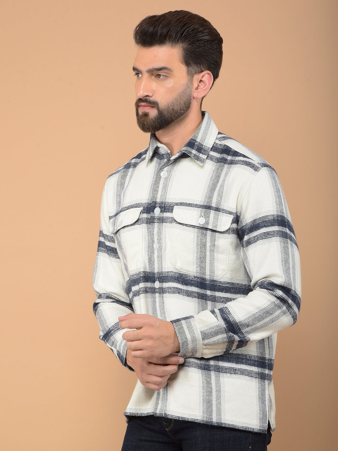 White Checked Knitted Double Pocket Shirt-Men Shirts-Crimsoune Club