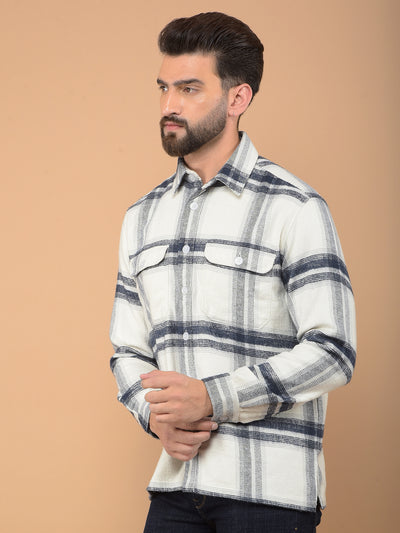 White Checked Knitted Double Pocket Shirt-Men Shirts-Crimsoune Club