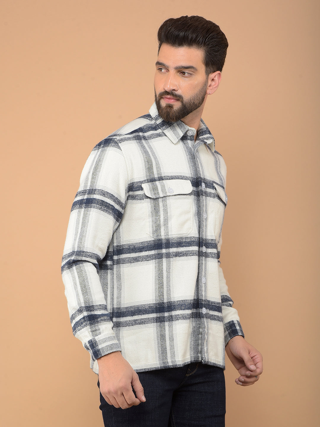 White Checked Knitted Double Pocket Shirt-Men Shirts-Crimsoune Club