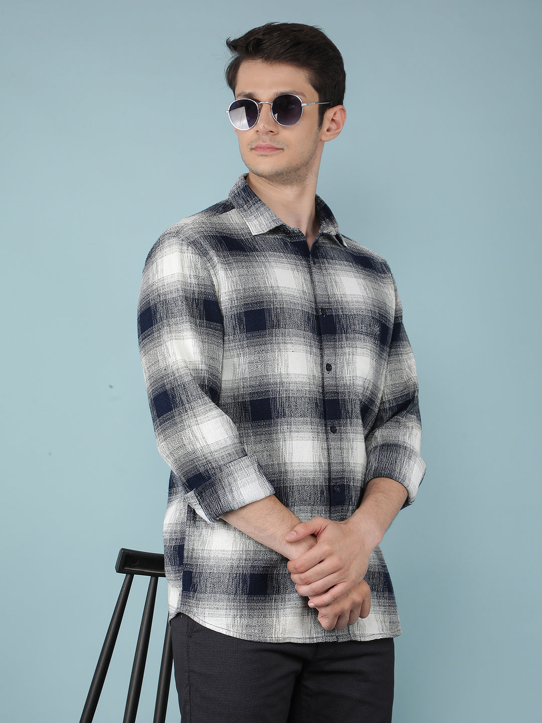 Navy Blue Checkered 100% Cotton Shirt-Men Shirts-Crimsoune Club