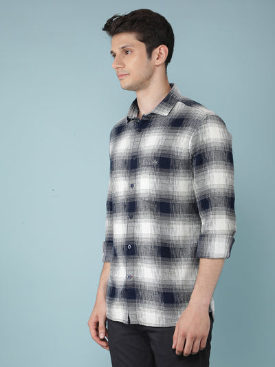 Navy Blue Checkered 100% Cotton Shirt-Men Shirts-Crimsoune Club