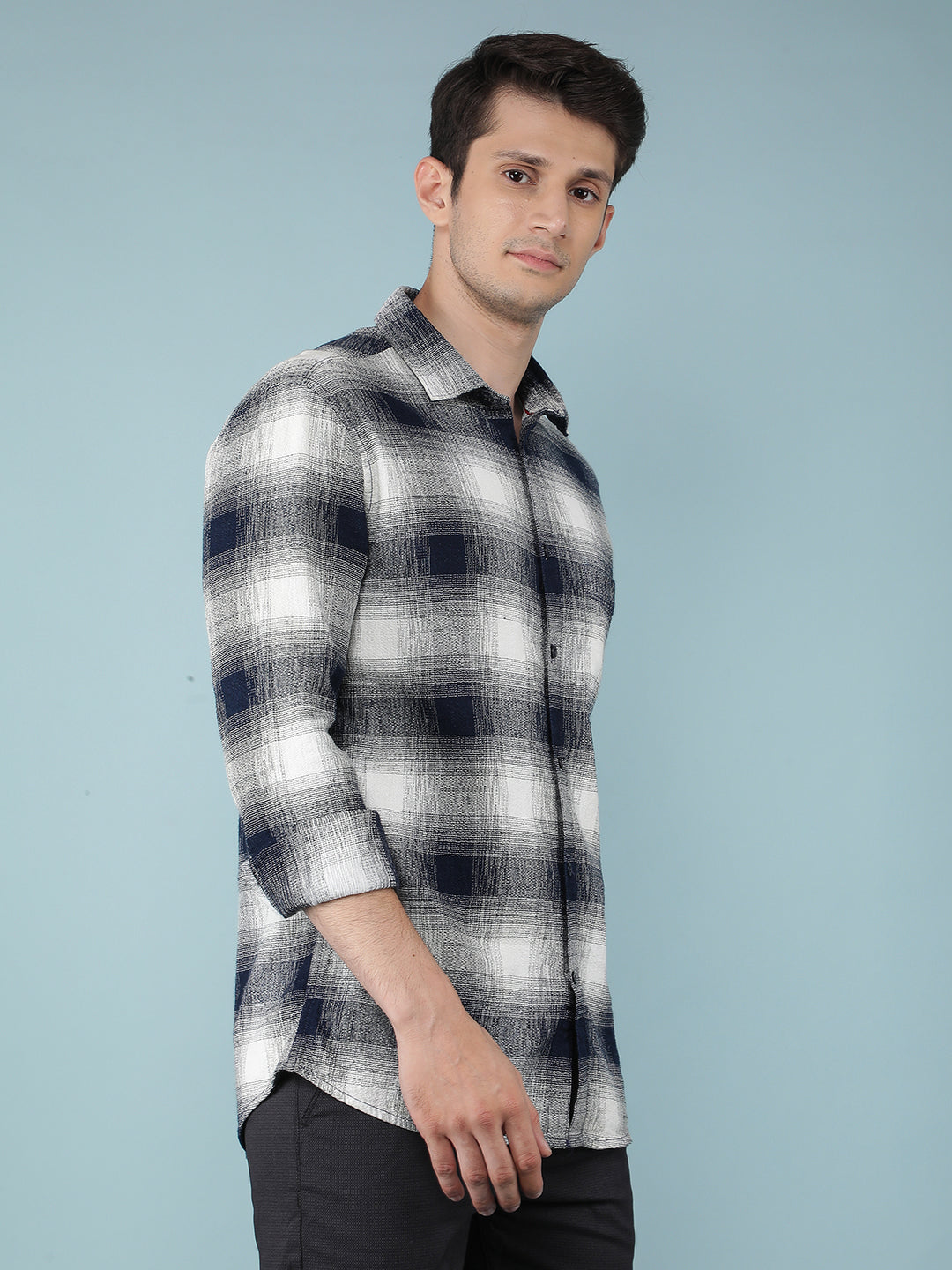 Navy Blue Checkered 100% Cotton Shirt-Men Shirts-Crimsoune Club