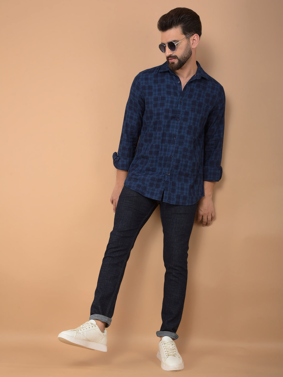 Blue Checked 100% Cotton Shirt-Men Shirts-Crimsoune Club