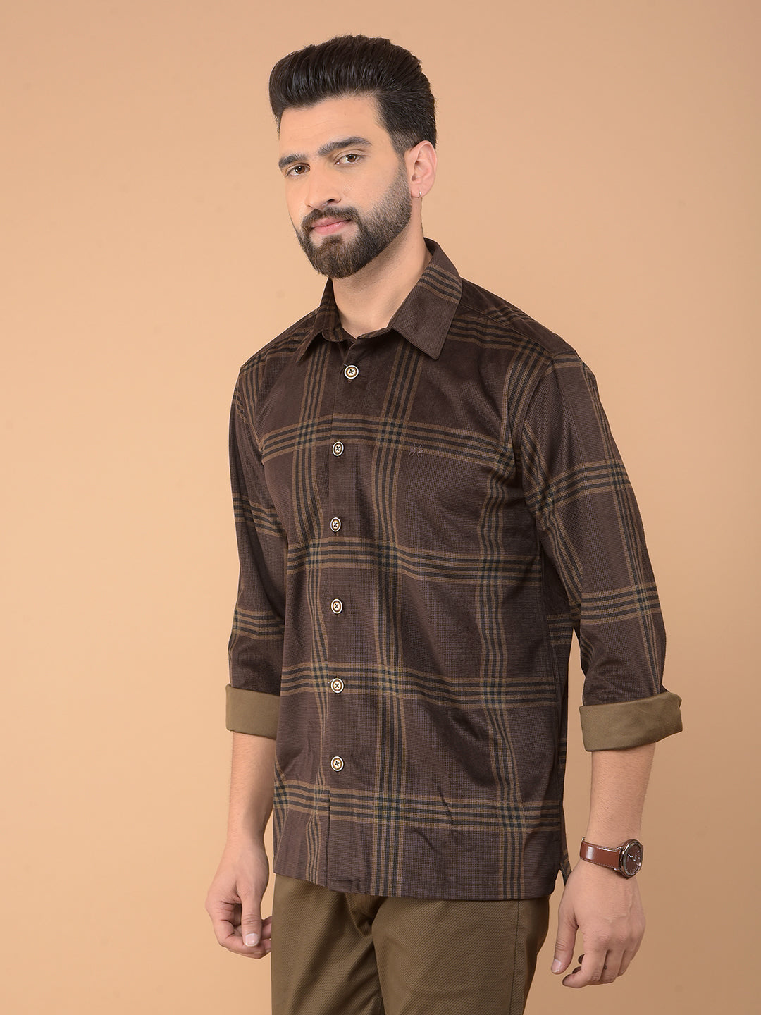 Brown Checked Knitted Shirt-Men Shirts-Crimsoune Club