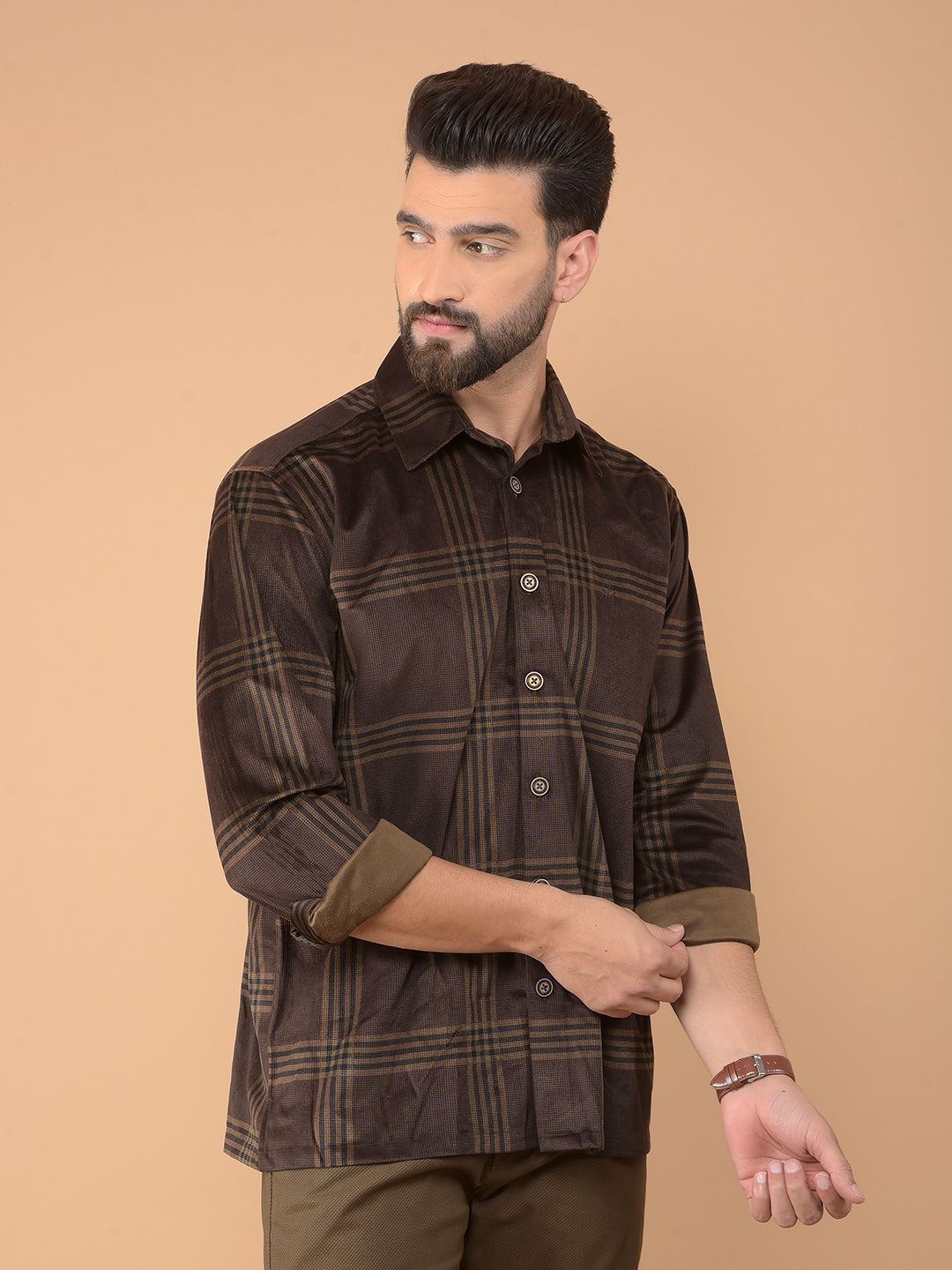 Brown Checked Knitted Shirt-Men Shirts-Crimsoune Club