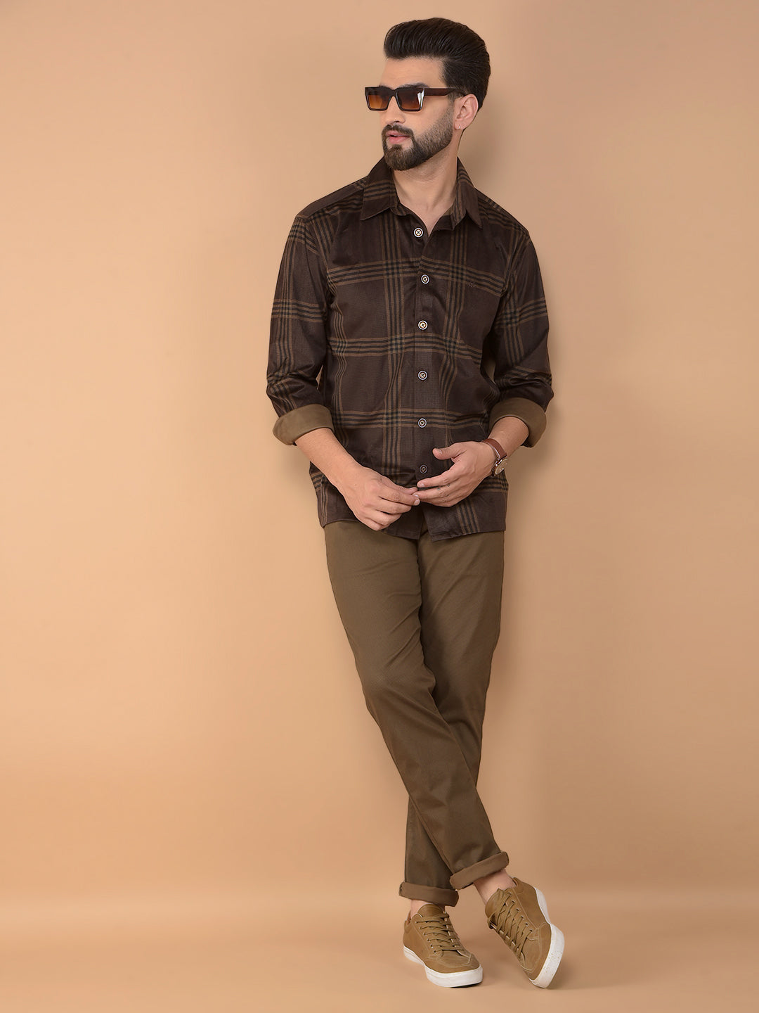 Brown Checked Knitted Shirt-Men Shirts-Crimsoune Club