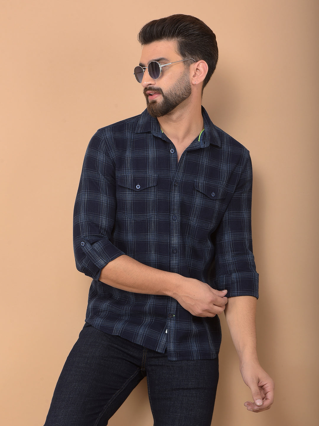 Navy Blue Checked 100% Cotton Double Pocket Shirt-Men Shirts-Crimsoune Club