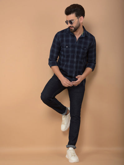 Navy Blue Checked 100% Cotton Double Pocket Shirt-Men Shirts-Crimsoune Club