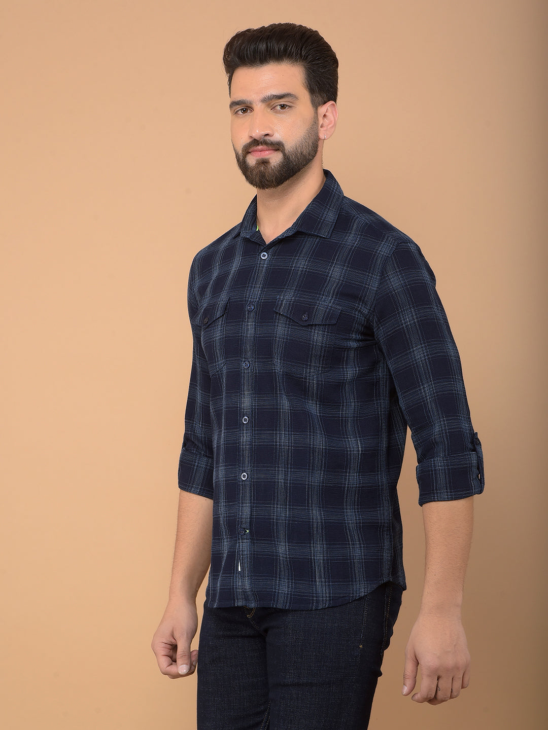 Navy Blue Checked 100% Cotton Double Pocket Shirt-Men Shirts-Crimsoune Club