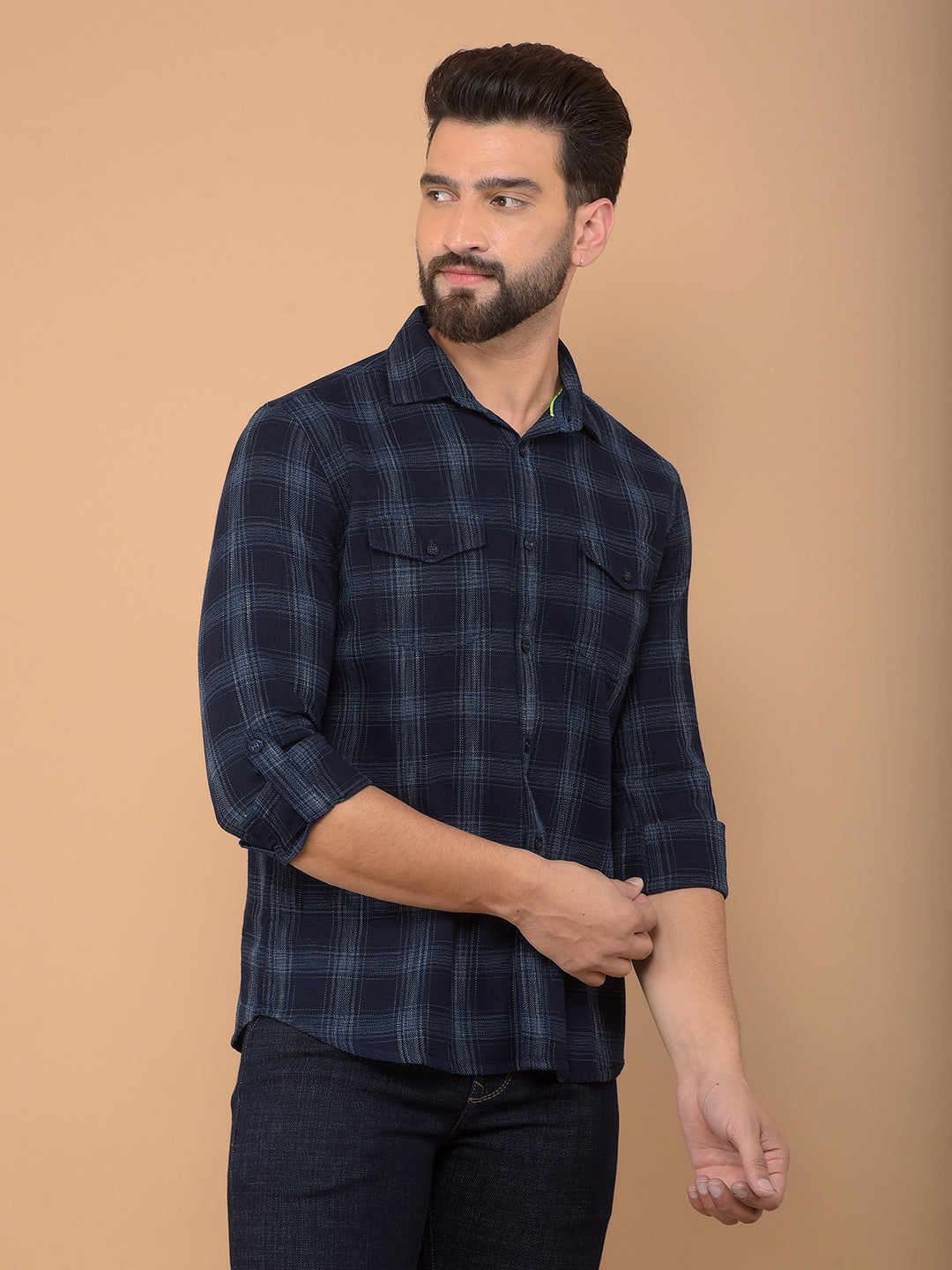 Navy Blue Checked 100% Cotton Double Pocket Shirt-Men Shirts-Crimsoune Club