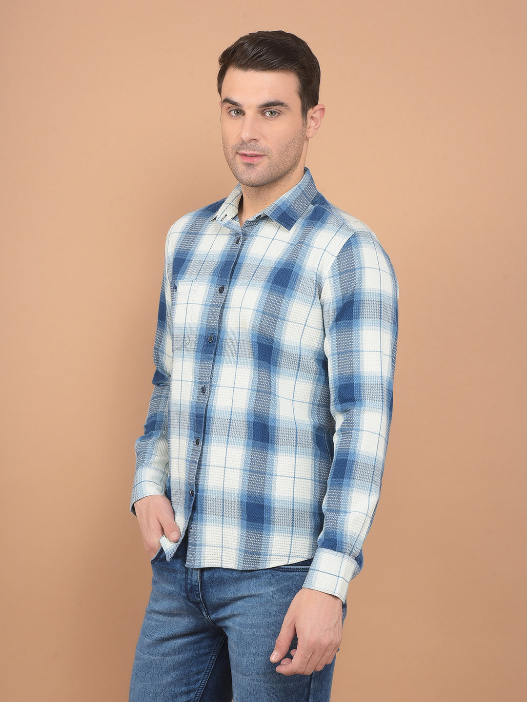 Blue Checked 100% Cotton Knitted Shirt-Men Shirts-Crimsoune Club