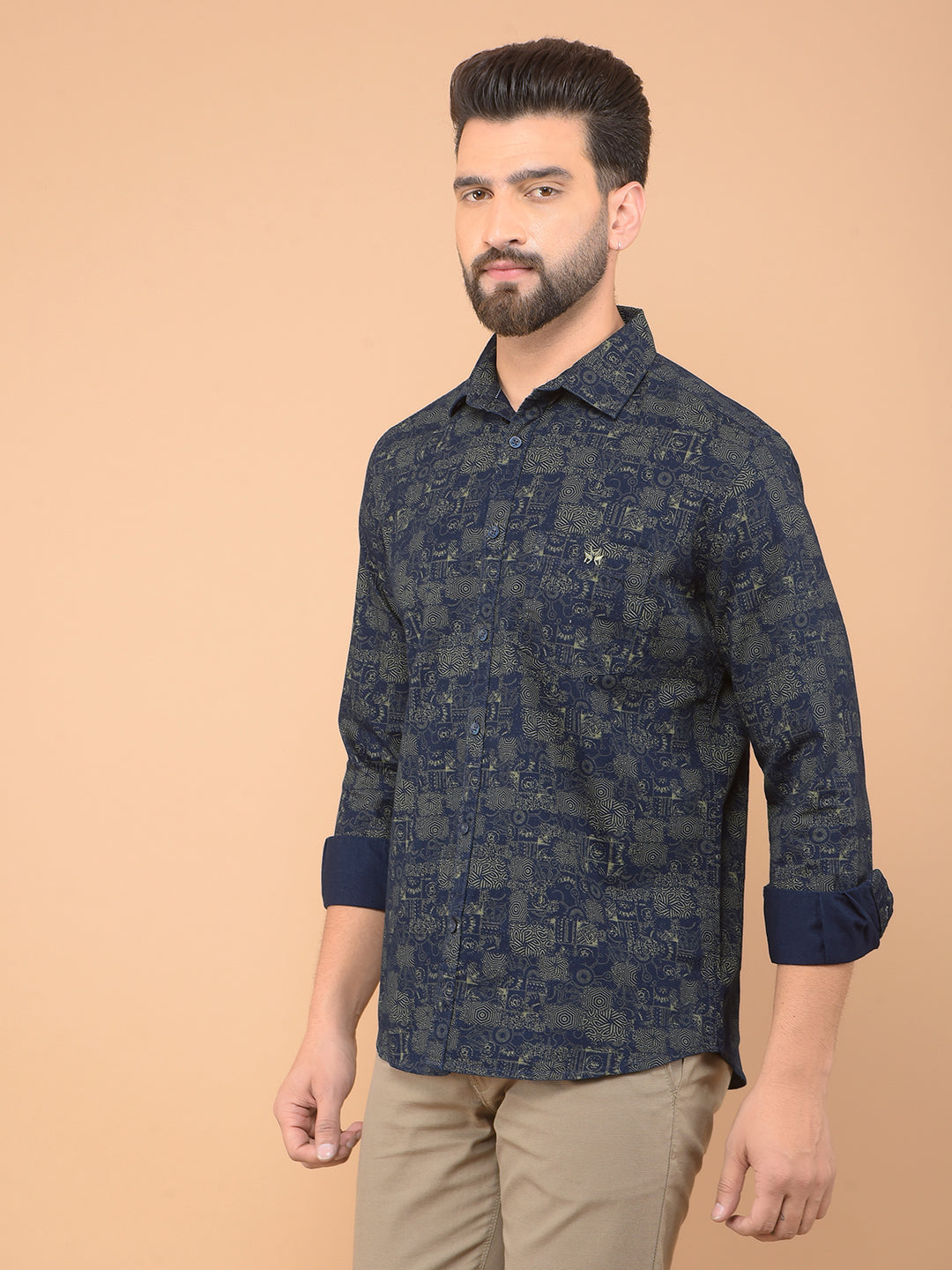 Olive Printed 100% Cotton Shirt-Men Shirts-Crimsoune Club