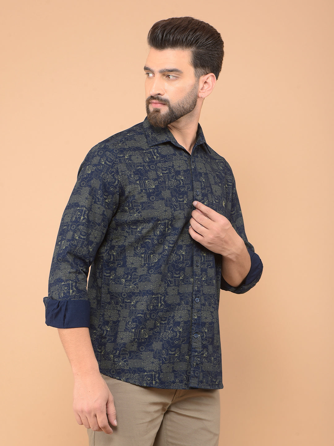 Olive Printed 100% Cotton Shirt-Men Shirts-Crimsoune Club