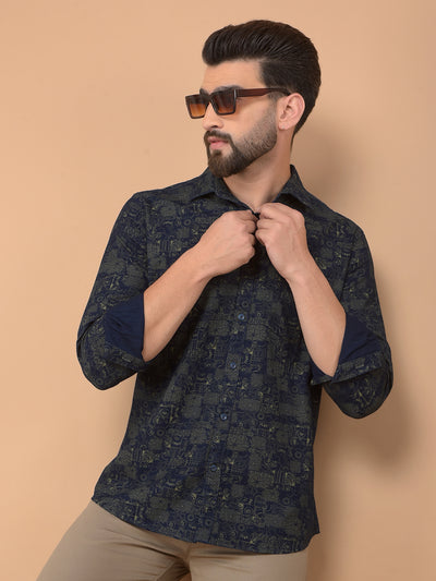 Olive Printed 100% Cotton Shirt-Men Shirts-Crimsoune Club