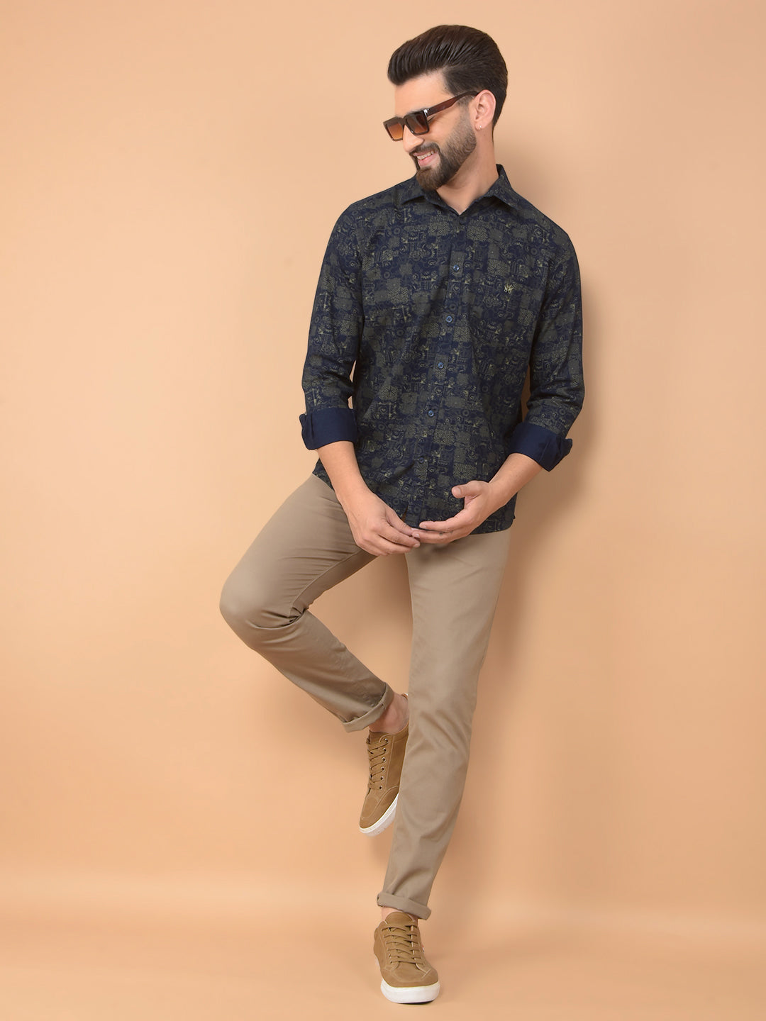 Olive Printed 100% Cotton Shirt-Men Shirts-Crimsoune Club