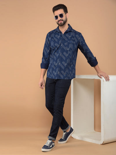 Blue Printed 100% Cotton Shirt-Men Shirts-Crimsoune Club