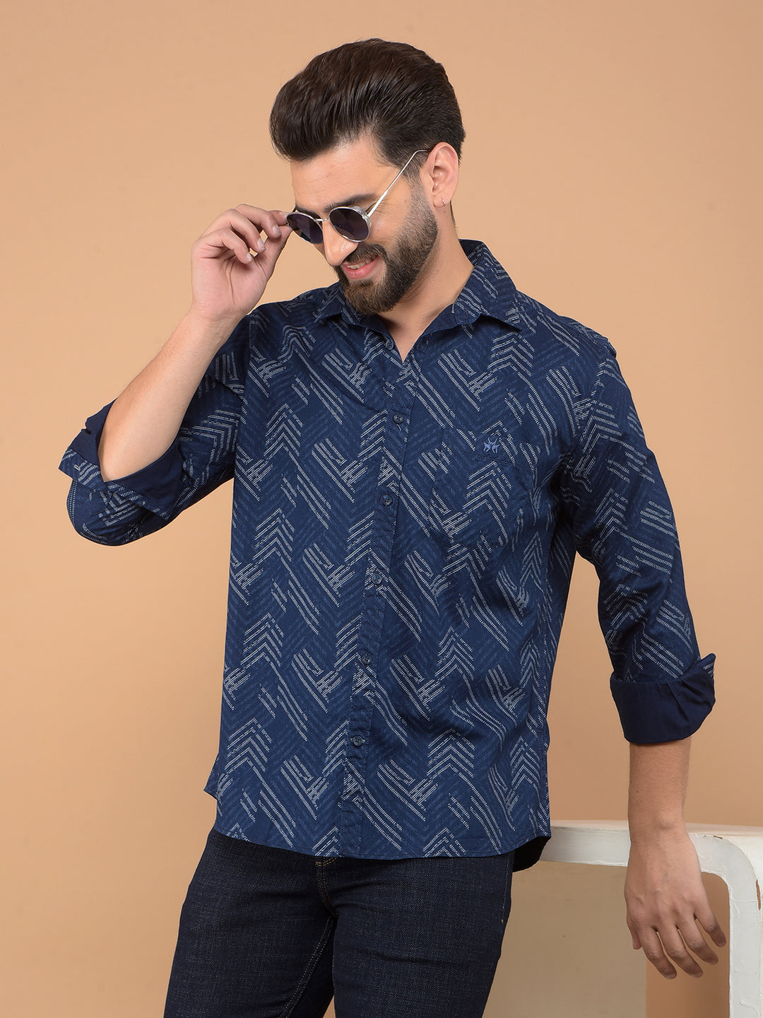 Blue Printed 100% Cotton Shirt-Men Shirts-Crimsoune Club