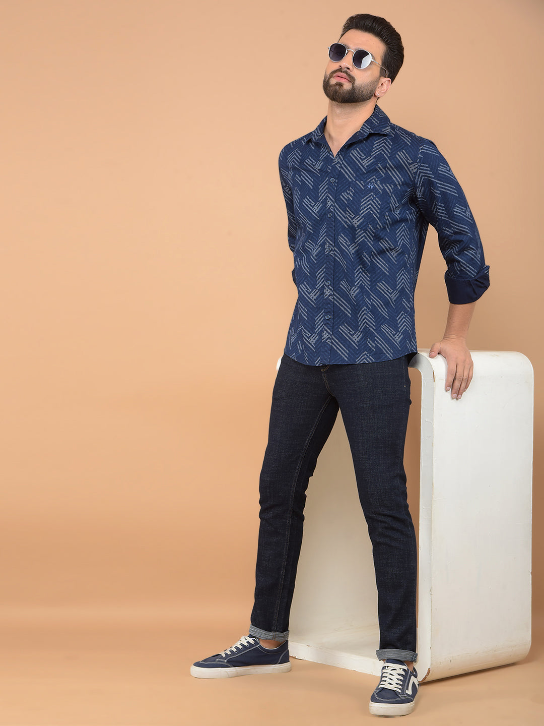 Blue Printed 100% Cotton Shirt-Men Shirts-Crimsoune Club