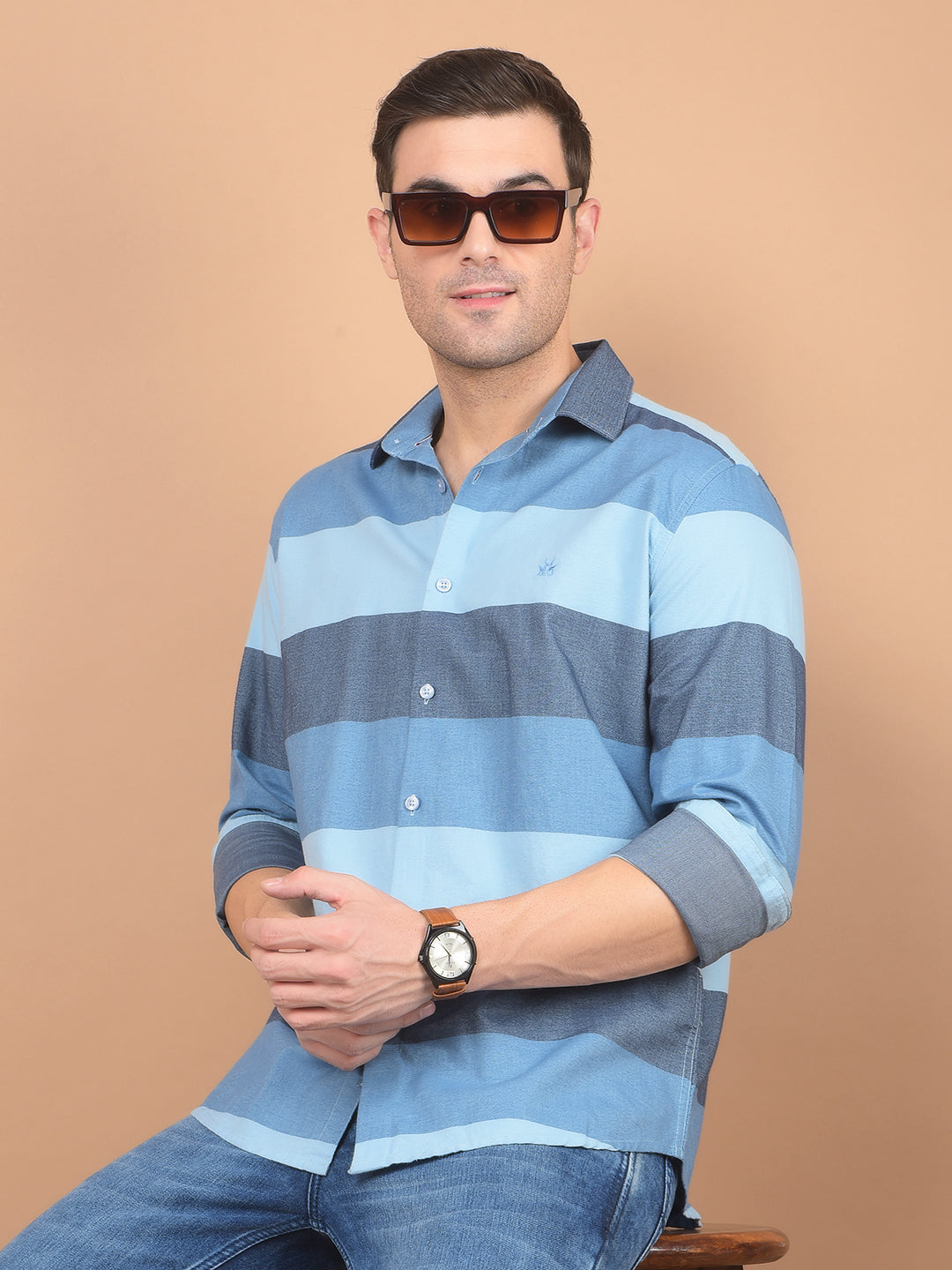 Blue Colorblocked 100% Cotton Shirt-Men Shirts-Crimsoune Club