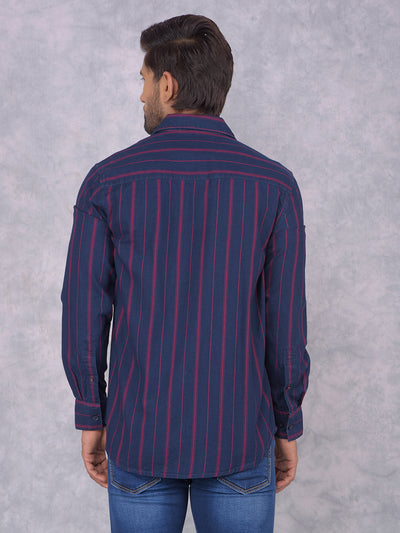 Navy Blue Vertical Stripes 100% Cotton Shirt-Men Shirts-Crimsoune Club