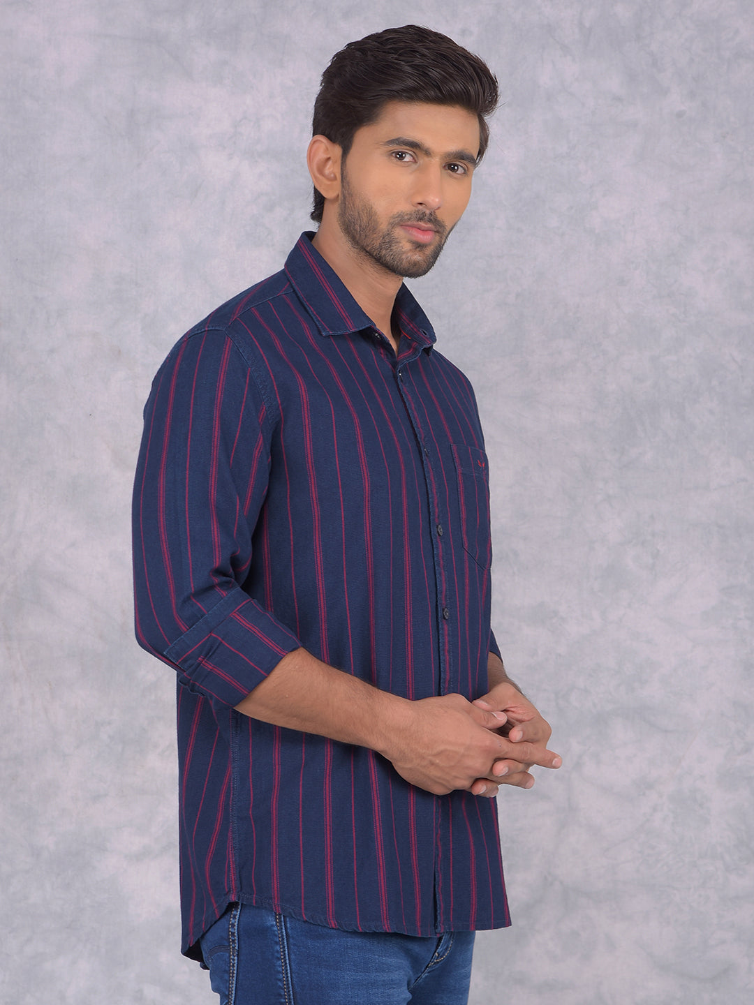 Navy Blue Vertical Stripes 100% Cotton Shirt-Men Shirts-Crimsoune Club