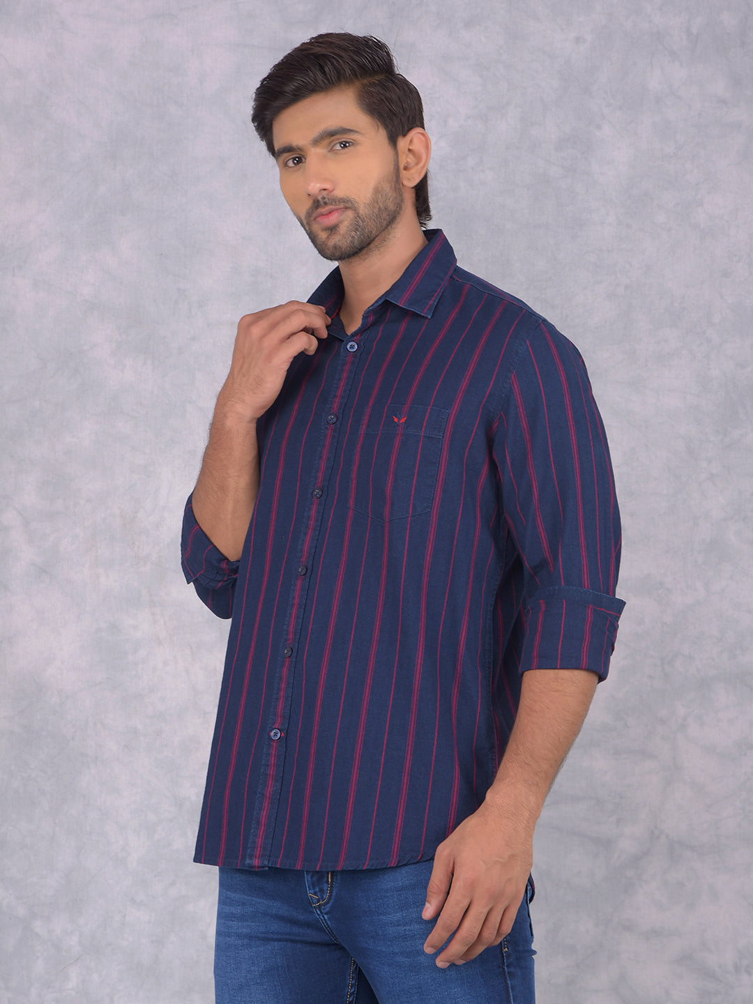 Navy Blue Vertical Stripes 100% Cotton Shirt-Men Shirts-Crimsoune Club