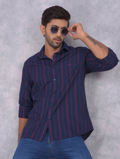 Navy Blue Vertical Stripes 100% Cotton Shirt-Men Shirts-Crimsoune Club