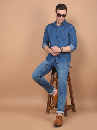 Blue 100% Cotton Denim Shirt-Men Shirts-Crimsoune Club