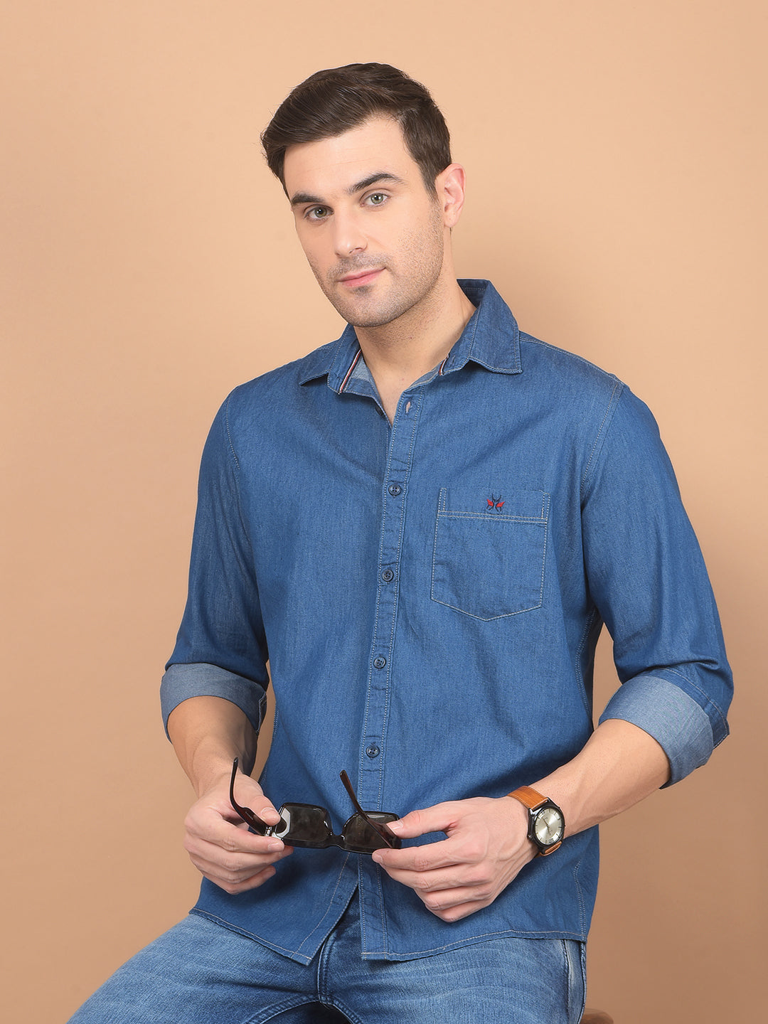 Blue 100% Cotton Denim Shirt-Men Shirts-Crimsoune Club