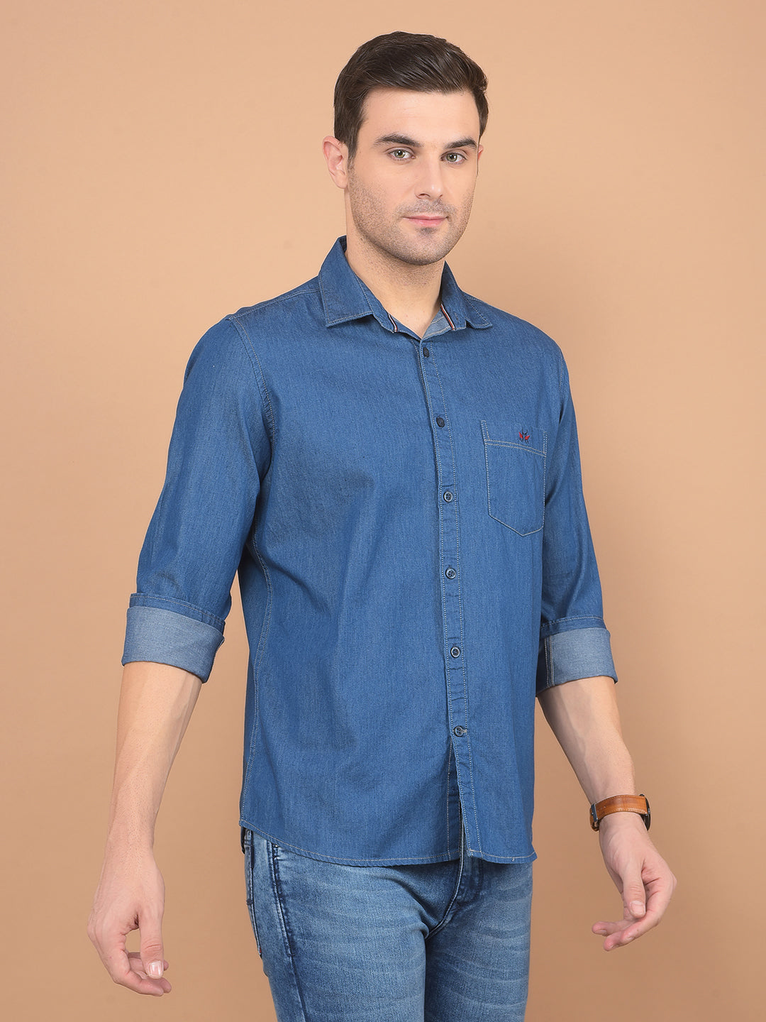 Blue 100% Cotton Denim Shirt-Men Shirts-Crimsoune Club