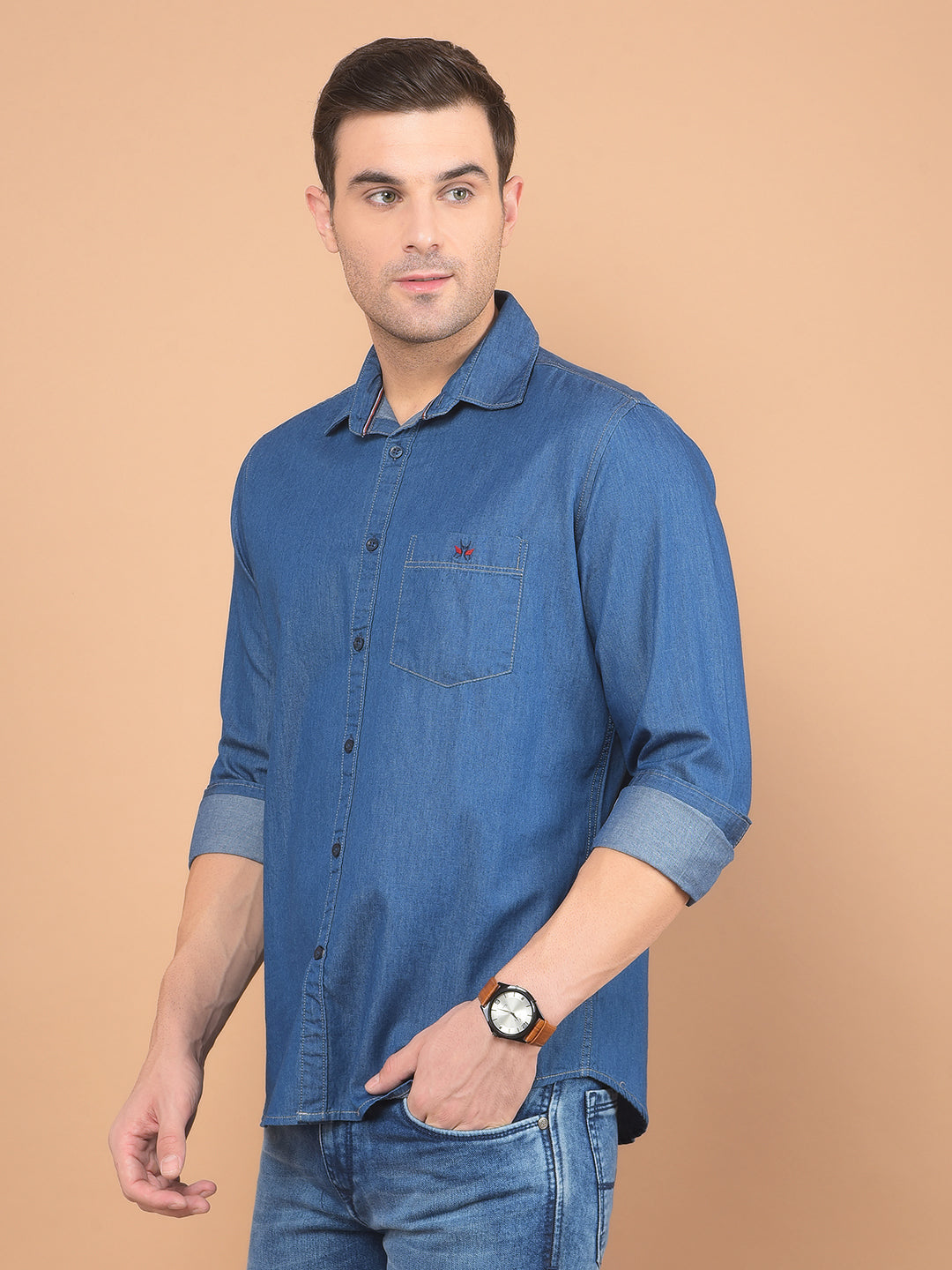 Blue 100% Cotton Denim Shirt-Men Shirts-Crimsoune Club