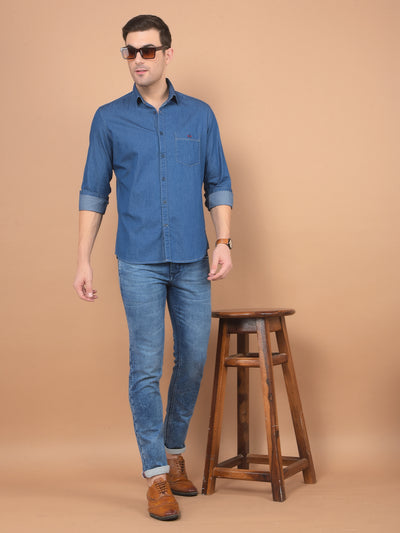 Blue 100% Cotton Denim Shirt-Men Shirts-Crimsoune Club