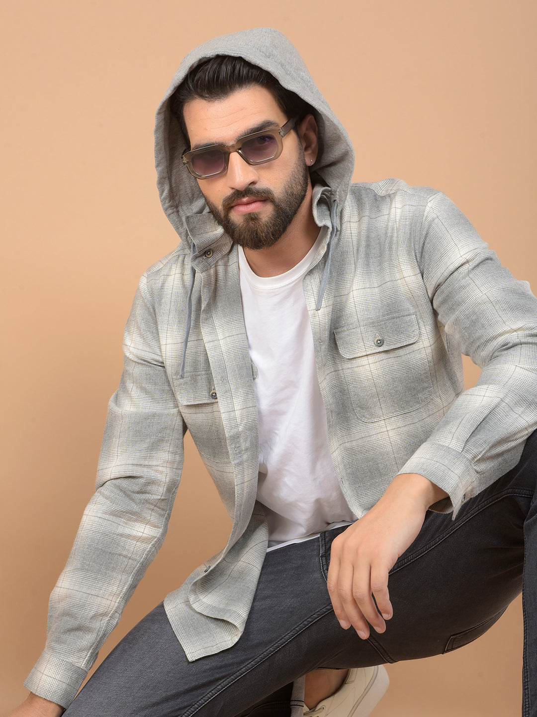 Grey Checked 100% Cotton Hooded Double Pocket Shirt-Men Shirts-Crimsoune Club