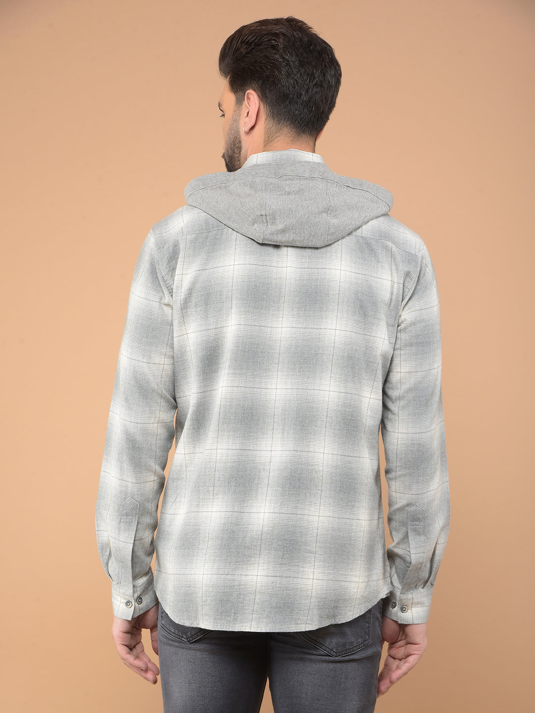 Grey Checked 100% Cotton Hooded Double Pocket Shirt-Men Shirts-Crimsoune Club