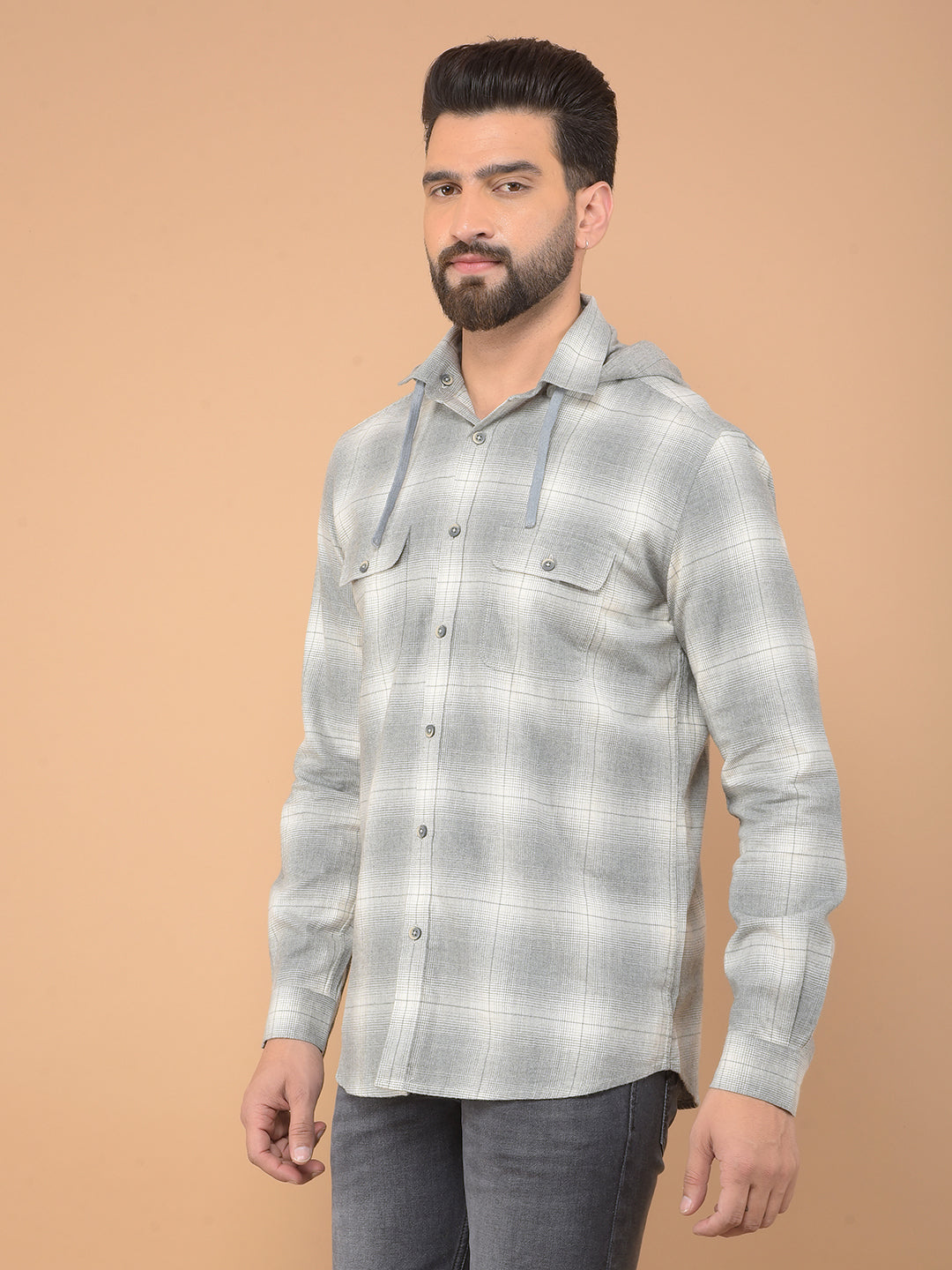 Grey Checked 100% Cotton Hooded Double Pocket Shirt-Men Shirts-Crimsoune Club